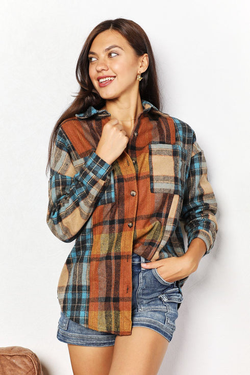 Double Take Plaid Curved Hem Shirt Jacket with Breast Pockets - LISA MARIE BOUTIQUE