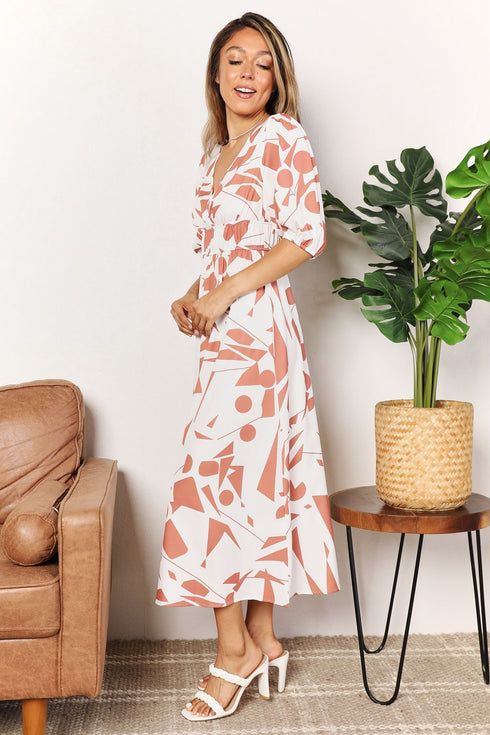 Double Take Printed Surplice Balloon Sleeve Dress - LISA MARIE BOUTIQUE