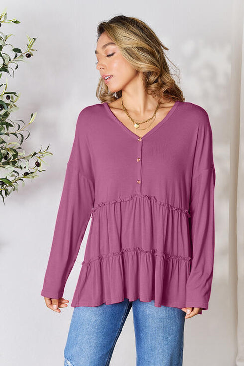 Half Button Long Sleeve Ruffle Hem Blouse - LISA MARIE BOUTIQUE