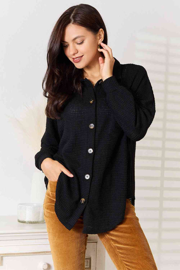 Double Take Waffle-Knit Collared Neck Dropped Shoulder Shirt - LISA MARIE BOUTIQUE