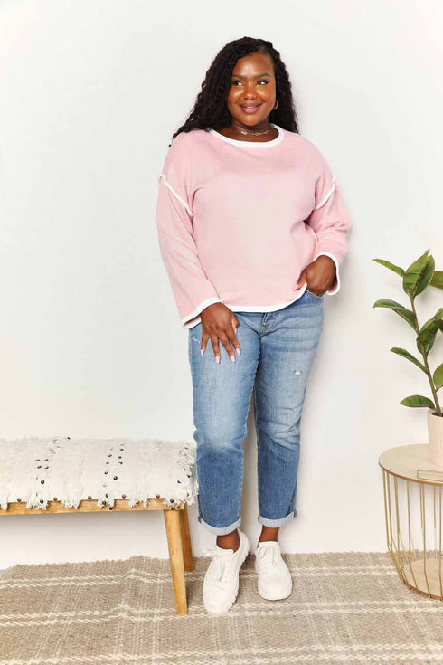 Double Take Contrast Detail Dropped Shoulder Knit Top - LISA MARIE BOUTIQUE