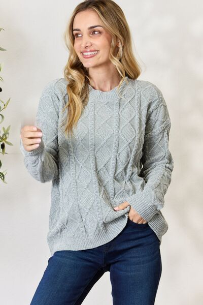 BiBi Cable Knit Round Neck Sweater - LISA MARIE BOUTIQUE