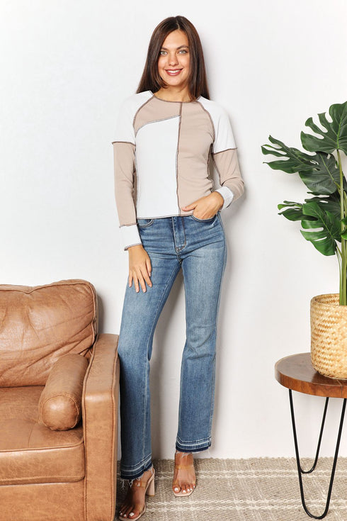 Double Take Color Block Exposed Seam Top - LISA MARIE BOUTIQUE
