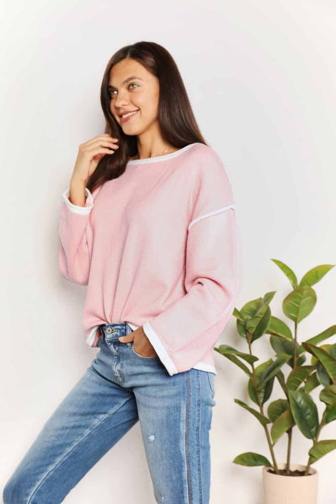 Double Take Contrast Detail Dropped Shoulder Knit Top - LISA MARIE BOUTIQUE