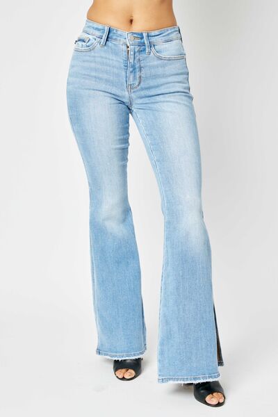 Judy Blue Full Size Mid Rise Raw Hem Slit Flare Jeans - LISA MARIE BOUTIQUE