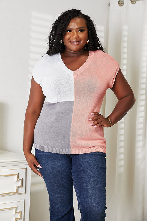 Double Take Color Block V-Neck Knit Top - LISA MARIE BOUTIQUE