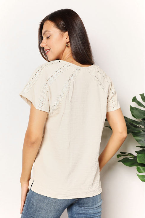 Double Take Crochet Buttoned Short Sleeves Top - LISA MARIE BOUTIQUE