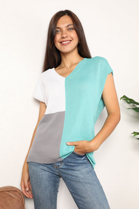 Double Take Color Block V-Neck Knit Top - LISA MARIE BOUTIQUE