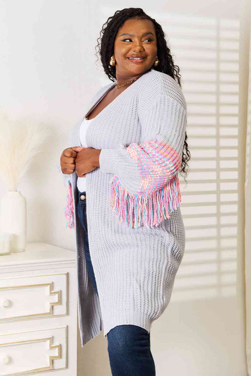 Woven Right Fringe Sleeve Dropped Shoulder Cardigan - LISA MARIE BOUTIQUE