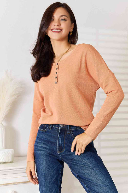 Basic Bae Half Button Long Sleeve Top - LISA MARIE BOUTIQUE