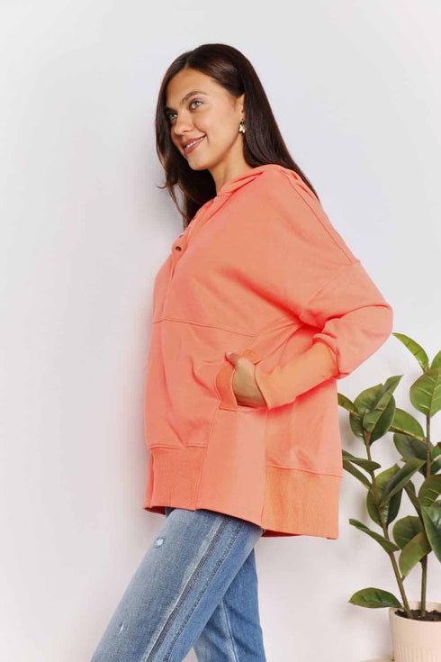 Double Take Quarter-Snap Dropped Shoulder Hoodie - LISA MARIE BOUTIQUE