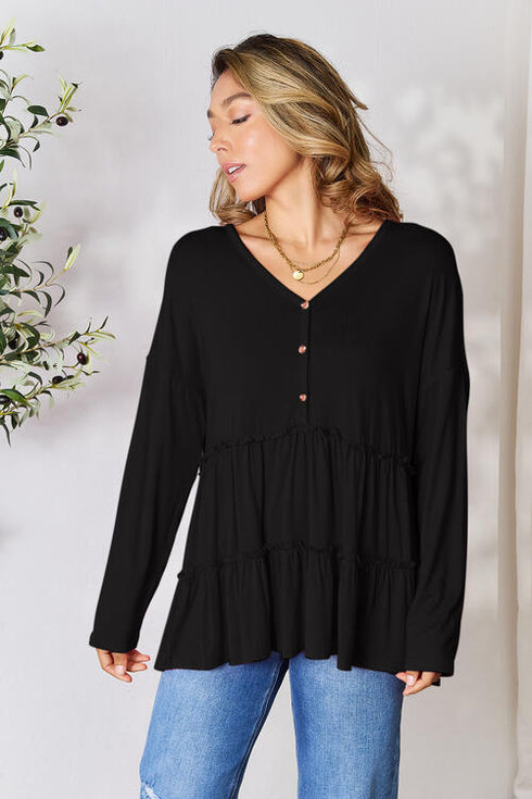 Half Button Long Sleeve Ruffle Hem Blouse - LISA MARIE BOUTIQUE