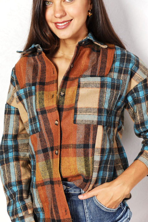 Double Take Plaid Curved Hem Shirt Jacket with Breast Pockets - LISA MARIE BOUTIQUE