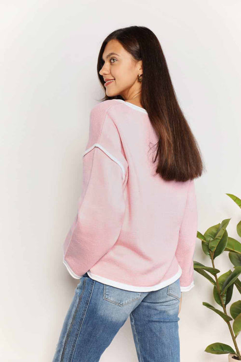 Double Take Contrast Detail Dropped Shoulder Knit Top - LISA MARIE BOUTIQUE