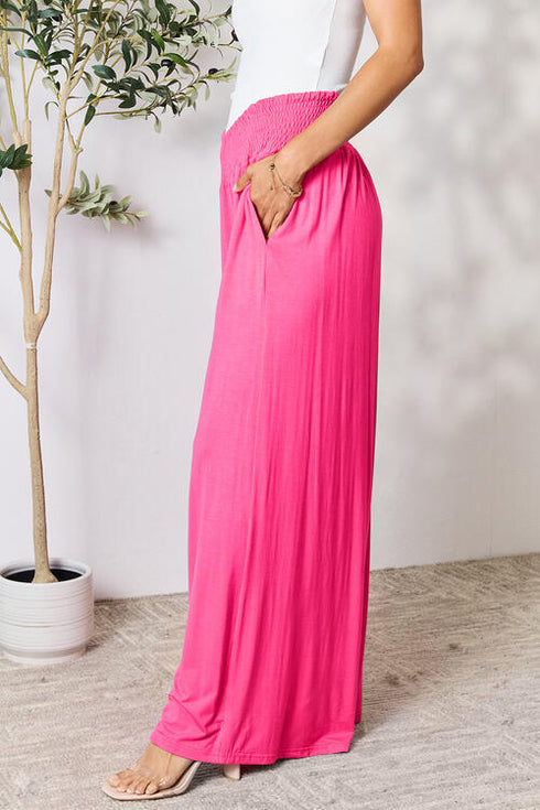 Double Take Full Size Smocked Wide Waistband Wide Leg Pants - LISA MARIE BOUTIQUE