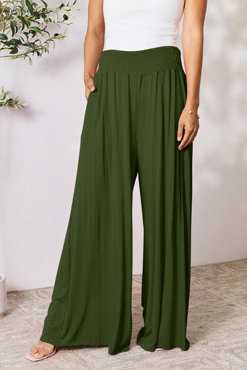 Double Take Full Size Smocked Wide Waistband Wide Leg Pants - LISA MARIE BOUTIQUE