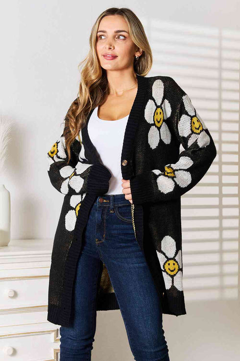 Double Take Floral Button Down Longline Cardigan - LISA MARIE BOUTIQUE