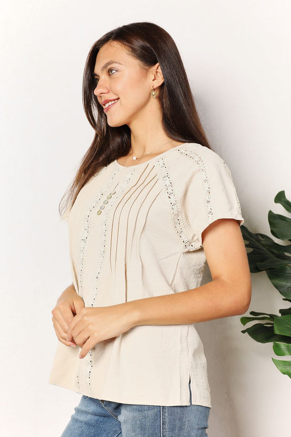 Double Take Crochet Buttoned Short Sleeves Top - LISA MARIE BOUTIQUE