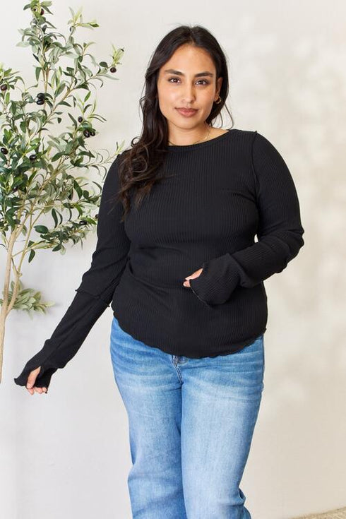 Culture Code Full Size Ribbed Round Neck Long Sleeve Top - LISA MARIE BOUTIQUE