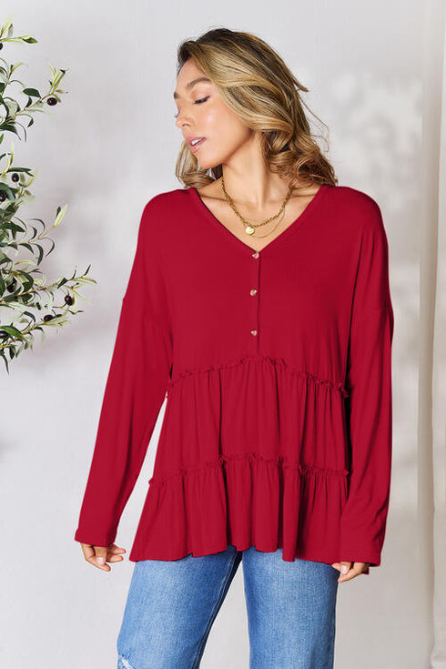 Half Button Long Sleeve Ruffle Hem Blouse - LISA MARIE BOUTIQUE