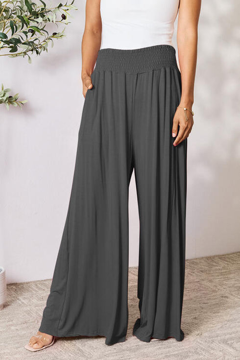 Double Take Full Size Smocked Wide Waistband Wide Leg Pants - LISA MARIE BOUTIQUE