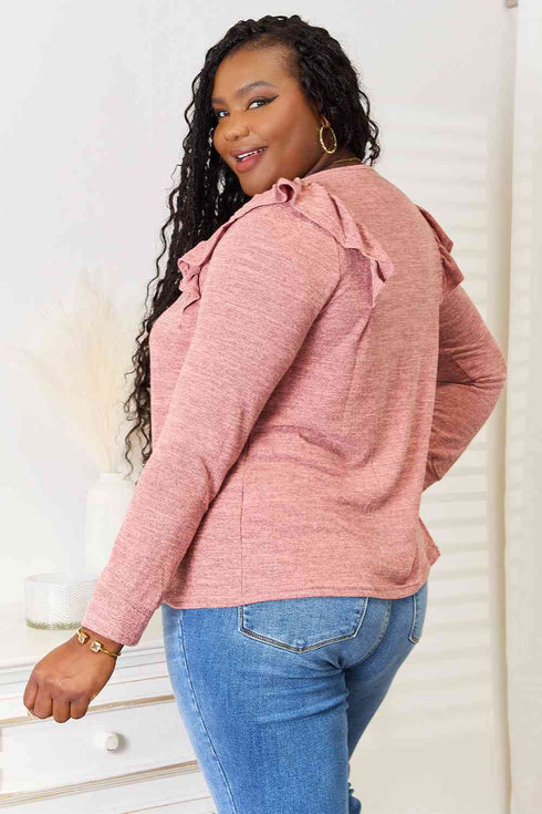Double Take Square Neck Ruffle Shoulder Long Sleeve T-Shirt - LISA MARIE BOUTIQUE