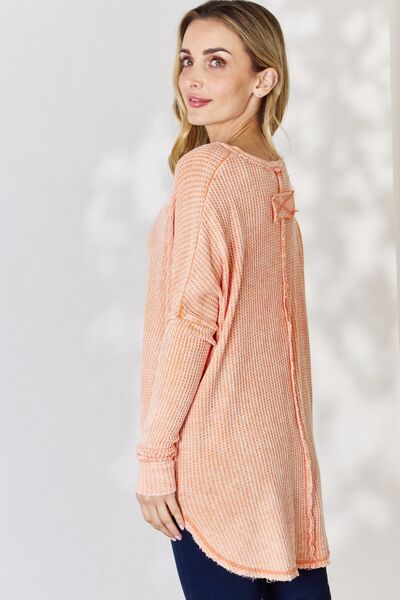 Zenana Oversized Washed Waffle Long Sleeve Top - LISA MARIE BOUTIQUE
