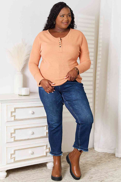 Basic Bae Half Button Long Sleeve Top - LISA MARIE BOUTIQUE