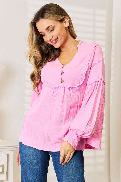 Double Take Exposed Seam Buttoned Notched Neck Blouse - LISA MARIE BOUTIQUE