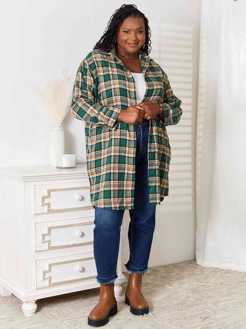 Double Take Plaid Collared Neck Long Sleeve Shirt - LISA MARIE BOUTIQUE