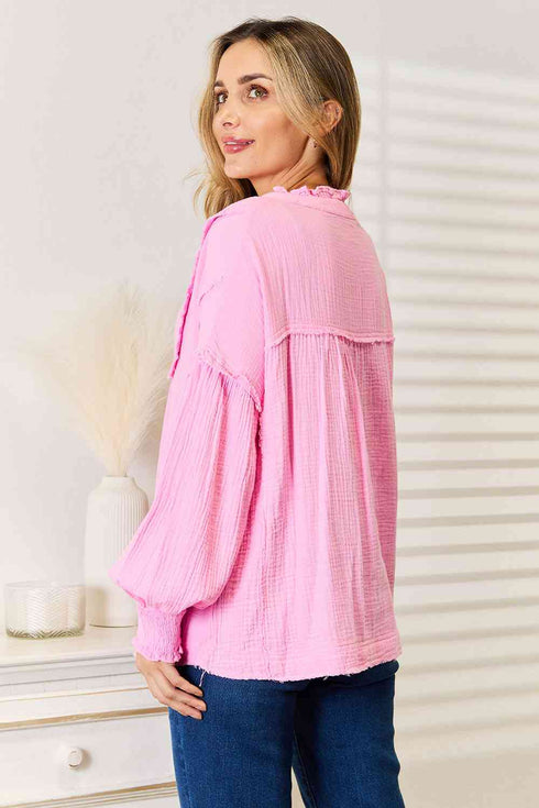 Double Take Exposed Seam Buttoned Notched Neck Blouse - LISA MARIE BOUTIQUE