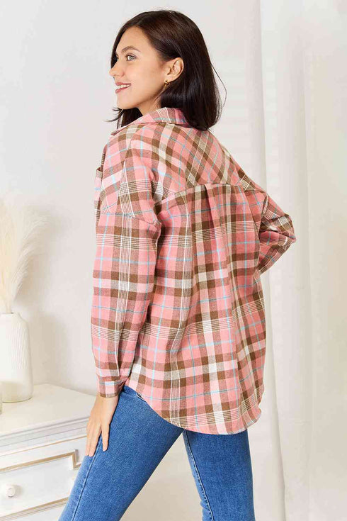 Double Take Plaid Collared Neck Long Sleeve Button-Up Shirt - LISA MARIE BOUTIQUE