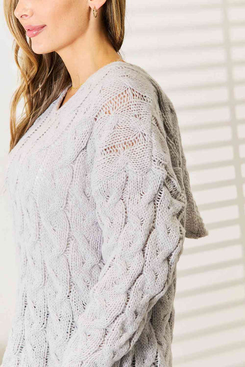 Woven Right Cable-Knit Hooded Sweater - LISA MARIE BOUTIQUE