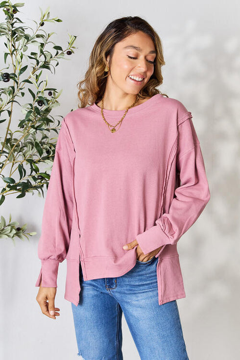 Culture Code Round Neck Exposed Seam Slit Top - LISA MARIE BOUTIQUE