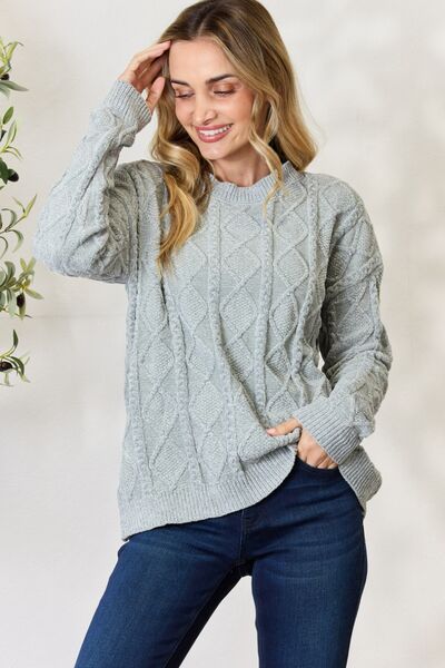 BiBi Cable Knit Round Neck Sweater - LISA MARIE BOUTIQUE