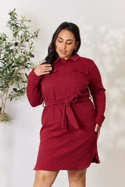Culture Code Tie Front Half Zip Long Sleeve Shirt Dress - LISA MARIE BOUTIQUE