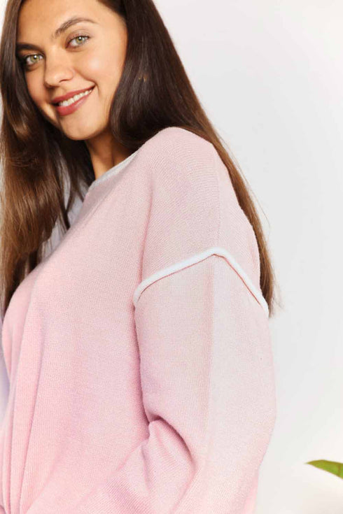 Double Take Contrast Detail Dropped Shoulder Knit Top - LISA MARIE BOUTIQUE