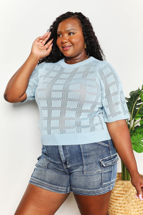Double Take Ribbed Trim Round Neck Knit Top - LISA MARIE BOUTIQUE