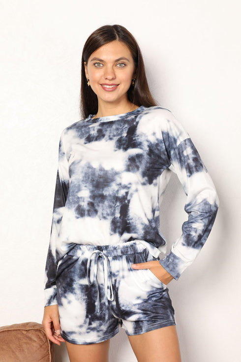 Double Take Tie-Dye Round Neck Top and Shorts Lounge Set - LISA MARIE BOUTIQUE