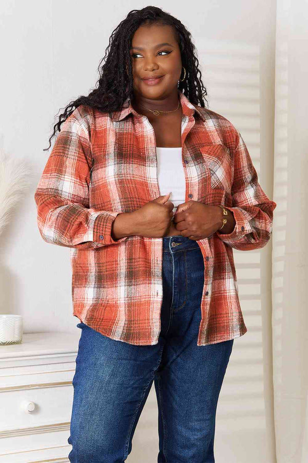 Double Take Plaid Collared Neck Long Sleeve Shirt - LISA MARIE BOUTIQUE