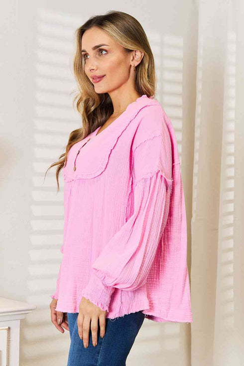 Double Take Exposed Seam Buttoned Notched Neck Blouse - LISA MARIE BOUTIQUE