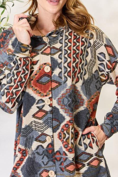 Heimish Printed Button Up Hooded Jacket - LISA MARIE BOUTIQUE