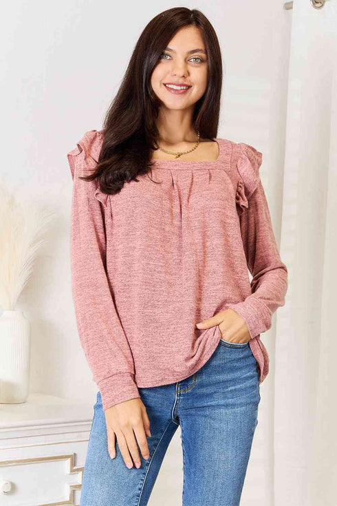 Double Take Square Neck Ruffle Shoulder Long Sleeve T-Shirt - LISA MARIE BOUTIQUE