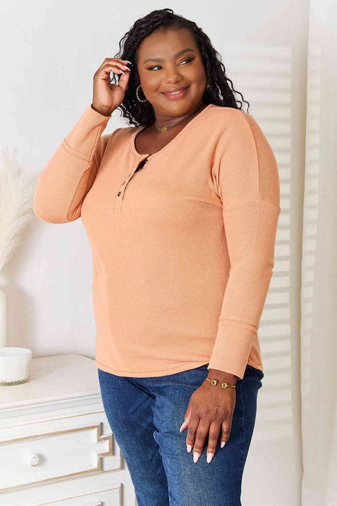 Basic Bae Half Button Long Sleeve Top - LISA MARIE BOUTIQUE