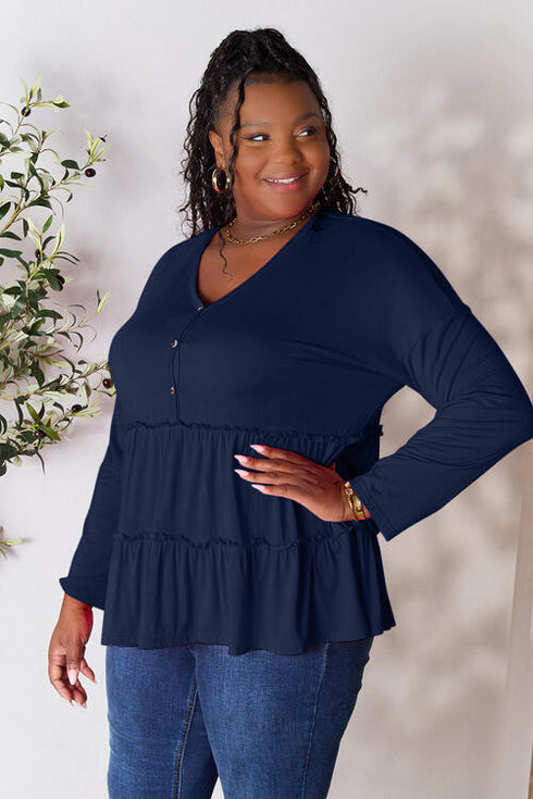 Half Button Long Sleeve Ruffle Hem Blouse - LISA MARIE BOUTIQUE