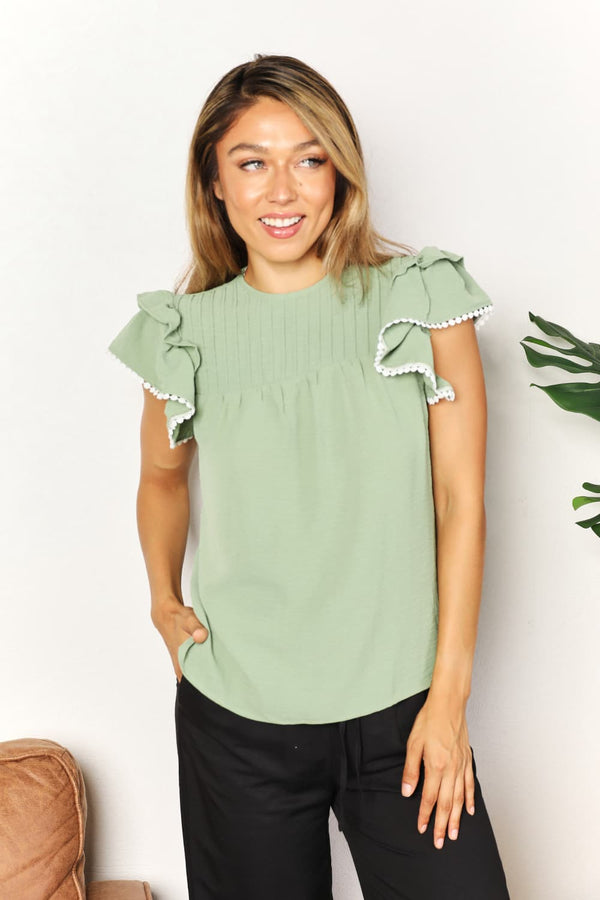 Double Take Pleated Detail Flutter Sleeve Blouse - LISA MARIE BOUTIQUE