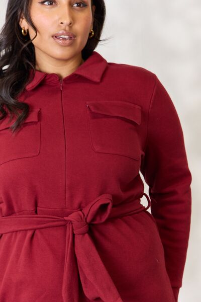 Culture Code Tie Front Half Zip Long Sleeve Shirt Dress - LISA MARIE BOUTIQUE