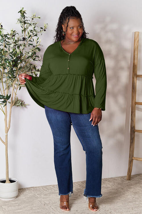 Half Button Long Sleeve Ruffle Hem Blouse - LISA MARIE BOUTIQUE