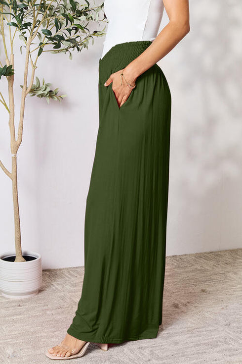 Double Take Full Size Smocked Wide Waistband Wide Leg Pants - LISA MARIE BOUTIQUE