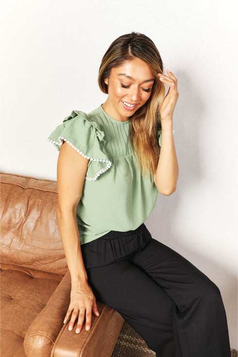 Double Take Pleated Detail Flutter Sleeve Blouse - LISA MARIE BOUTIQUE